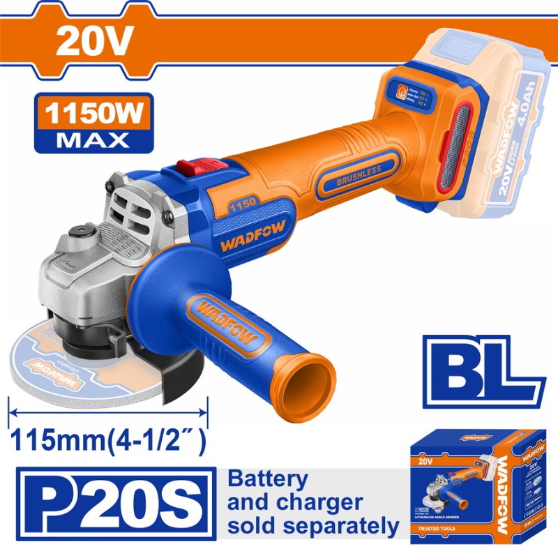 WADFOW ΓΩΝΙΑΚΟΣ ΤΡΟΧΟΣ 115mm ΜΠΑΤ. Li-ion 20V ΧΩΡΙΣ ΜΠΑΤΑΡΙΑ & ΦΟΡΤΙΣΤΗ (WLAPB520)