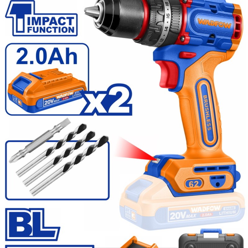 WADFOW ΔΡΑΠ/ΒΙΔΟ ΚΡΟΥΣΤΙΚΟ ΜΠΑΤ. Li-ion 20V / 62Nm / 2Ah / 2 ΜΠΑΤ BL Motor (WCDP6281E)