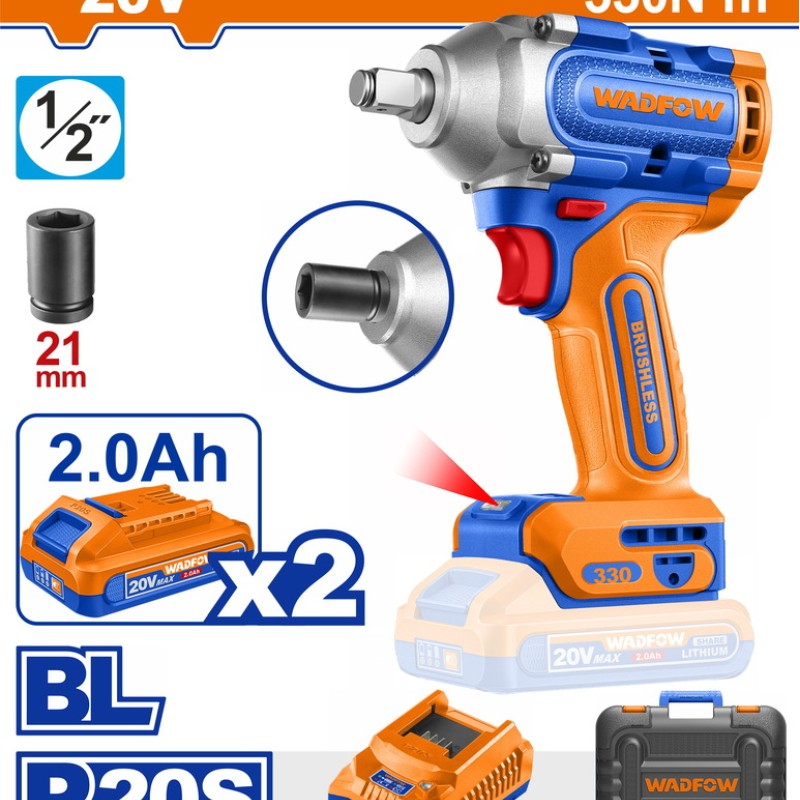 WADFOW ΜΠΟΥΛΟΝΟΚΛΕΙΔΟ ΜΠΑΤ. Li-ion 20V / 330Nm / 2Ah / 2 ΜΠΑΤ BL Motor (WCD1B33E)