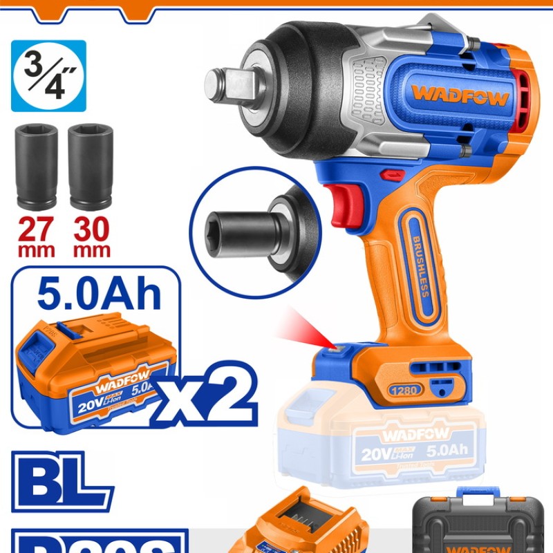 WADFOW ΜΠΟΥΛΟΝΟΚΛΕΙΔΟ ΜΠΑΤ. Li-ion 20V / 1280Nm / 5Ah / 2 ΜΠΑΤ BL Motor (WCD1B128E)