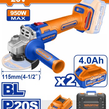 WADFOW ΣΕΤ ΓΩΝΙΑΚΟΣ ΤΡΟΧΟΣ 115mm ΜΠΑΤ. Li-ion 20V / 950W / 4Ah / 2 ΜΠΑΤ BL Motor (WLAP5322E)