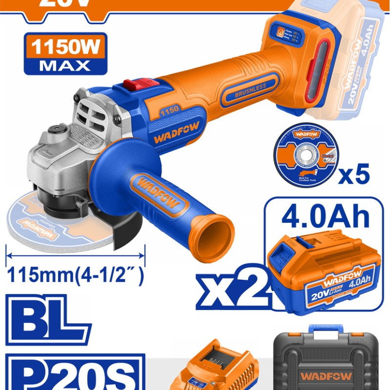 WADFOW ΣΕΤ ΓΩΝΙΑΚΟΣ ΤΡΟΧΟΣ 115mm ΜΠΑΤ. Li-ion 20V / 1150W / 4Ah / 2 ΜΠΑΤ BL Motor (WLAPB522E)