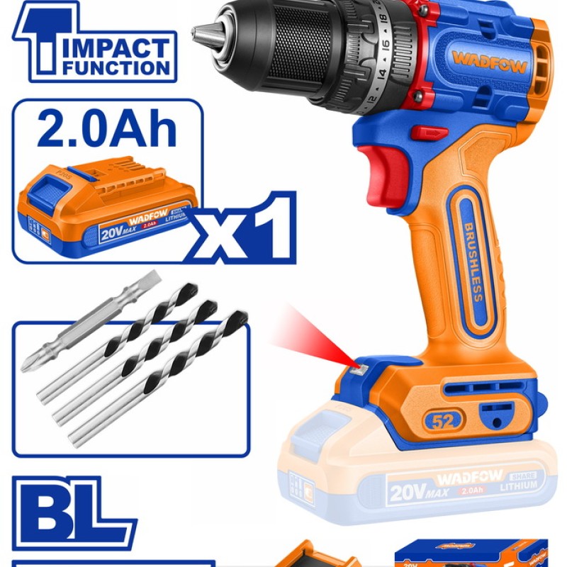 WADFOW ΔΡΑΠ/ΒΙΔΟ ΚΡΟΥΣΤΙΚΟ ΜΠΑΤ. Li-ion 20V / 52Nm / 2Ah / 1 ΜΠΑΤ BL Motor (WCDP5282E)