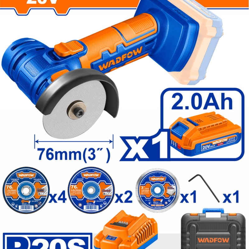 WADFOW MINI ΓΩΝΙΑΚΟΣ ΤΡΟΧΟΣ ΜΠΑΤ. Li-ion 20V / 2Ah / 1 ΜΠΑΤΑΡΙΑ (WLAP573)
