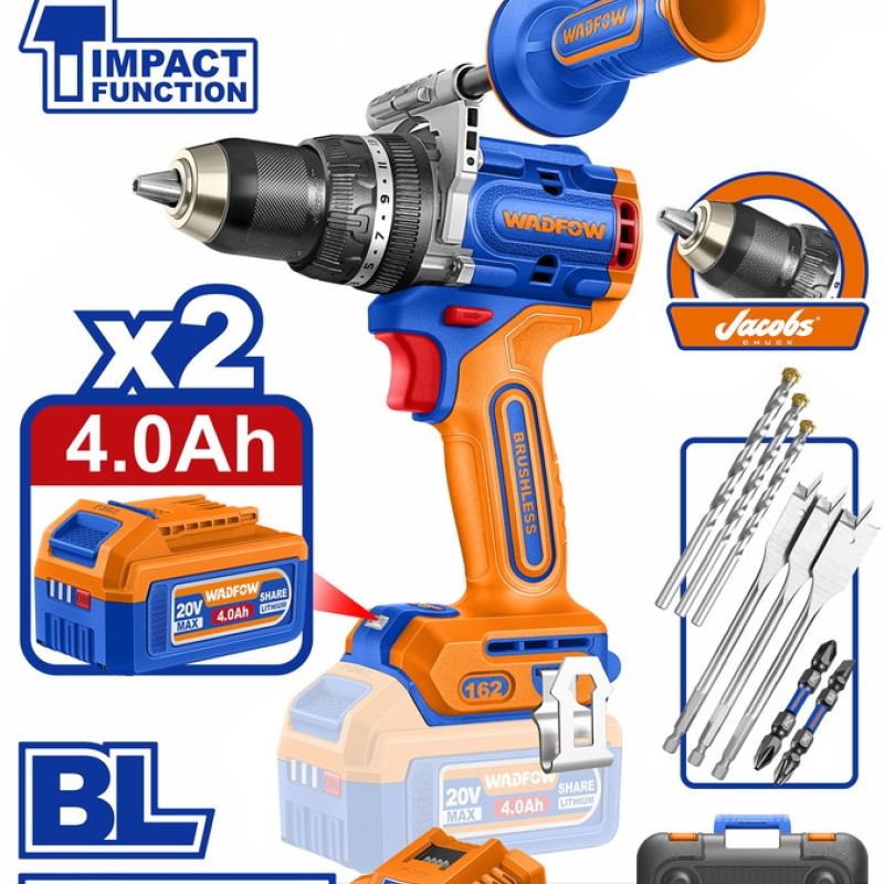 WADFOW ΔΡΑΠ/ΒΙΔΟ ΚΡΟΥΣΤΙΚΟ ΜΠΑΤ. Li-ion 20V / 162Nm / 4Ah / 2 ΜΠΑΤ BL Motor (WCDP16281E)