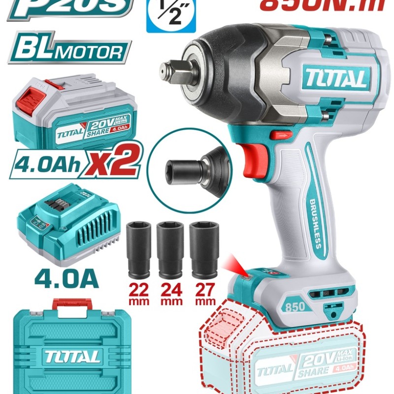 TOTAL ΕΠΑΓΓ. ΜΠΟΥΛΟΝΟΚΛΕΙΔΟ ΜΠΑΤ. Li-ion 20V / 4Ah / 850Nm / 2 ΜΠΑΤΑΡΙΕΣ (TIWLI2085)