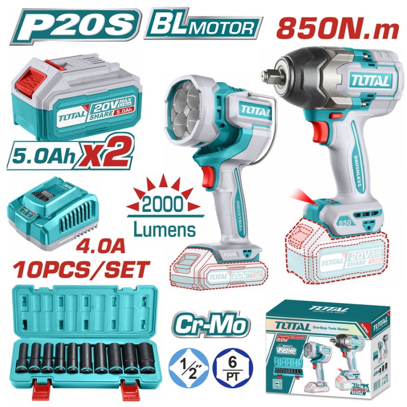 TOTAL ΕΠΑΓΓ. ΣΕΤ ΜΠΟΥΛΟΝΟΚΛΕΙΔΟ 850Nm + ΠΡΟΒΟΛΕΑΣ ΜΠΑΤ Li-ion 20V (TOSLI241181E)