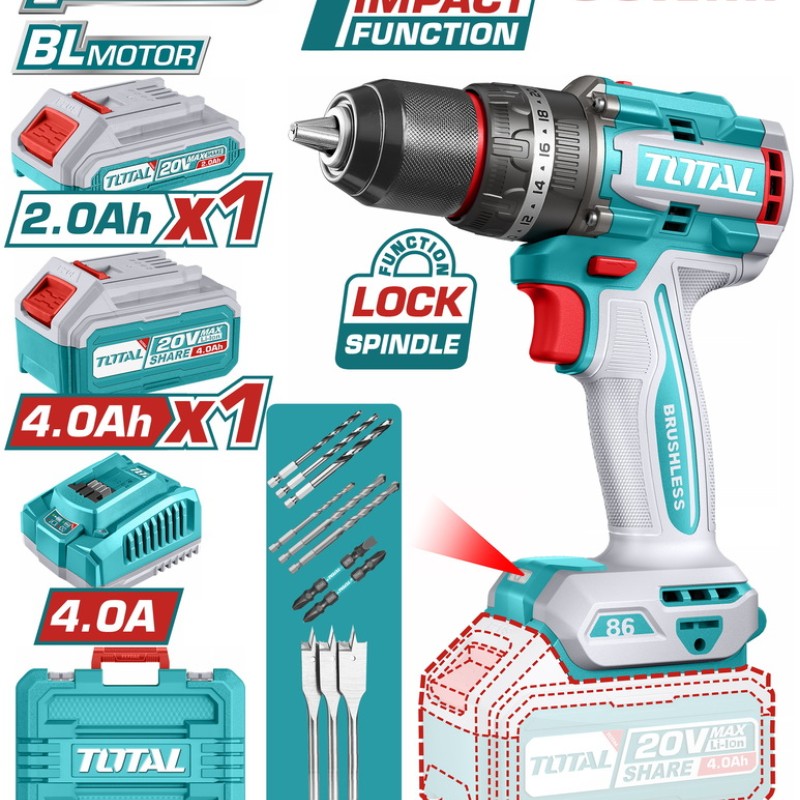 TOTAL ΕΠΑΓΓ. ΔΡΑΠ/ΒΙΔΟ ΚΡΟΥΣΤΙΚΟ ΜΠΑΤ. Li-ion 20V / 2Ah+4Ah / 86Nm / 2 ΜΠΑΤ BL Motor (TIDLI20868E)