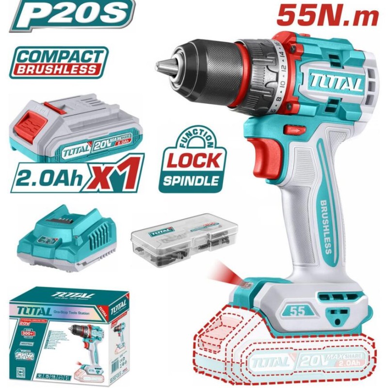 TOTAL ΕΠΑΓΓ. ΔΡΑΠ/ΒΙΔΟ ΜΠΑΤ. Li-ion 20V / 2Ah / 55Nm / 2 ΜΠΑΤ BL Motor (TDLI205582E)