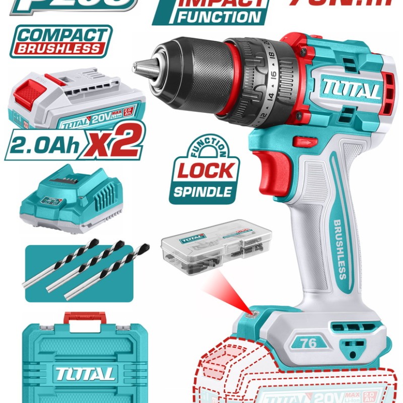 TOTAL ΕΠΑΓΓ. ΔΡΑΠ/ΒΙΔΟ ΚΡΟΥΣΤΙΚΟ ΜΠΑΤ. Li-ion 20V / 2Ah / 76Nm / 2 ΜΠΑΤ BL Motor (TIDLI20768E)