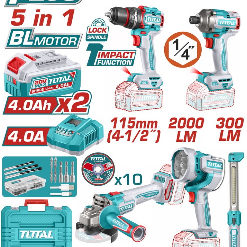 TOTAL ΕΠΑΓΓ. ΣΕΤ 5τεμ ΕΡΓΑΛΕΙΩΝ ΜΠΑΤ. Li-ion 20V / 4Ah / 2 ΜΠΑΤΑΡΙΕΣ (TOSLI250692E)