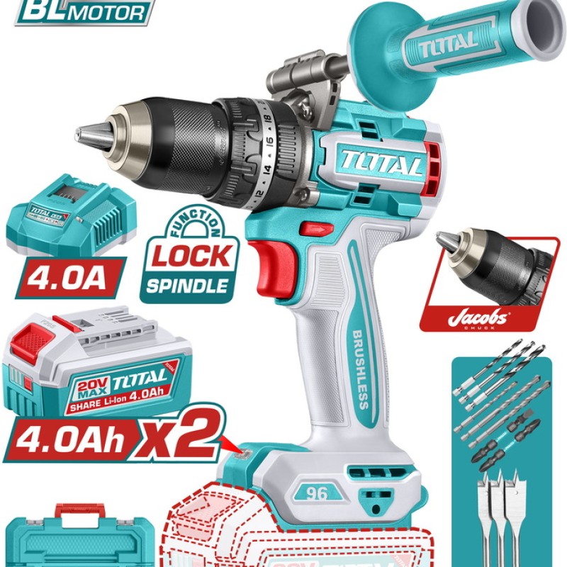 TOTAL ΕΠΑΓΓ. ΔΡΑΠ/ΒΙΔΟ ΚΡΟΥΣΤΙΚΟ ΜΠΑΤ. Li-ion 20V / 4Ah / 96Nm / 2 ΜΠΑΤ BL Motor (TIDLI209686E)