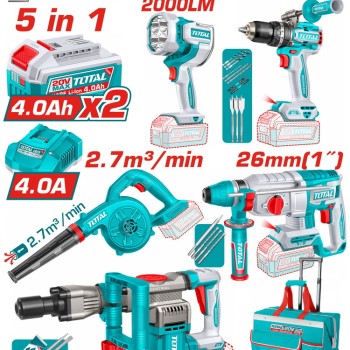 TOTAL ΕΠΑΓΓ. ΣΕΤ 5τεμ ΕΡΓΑΛΕΙΩΝ ΜΠΑΤ. Li-ion 20V / 4Ah / 2 ΜΠΑΤΑΡΙΕΣ BL Motor (TOSLI251083E)