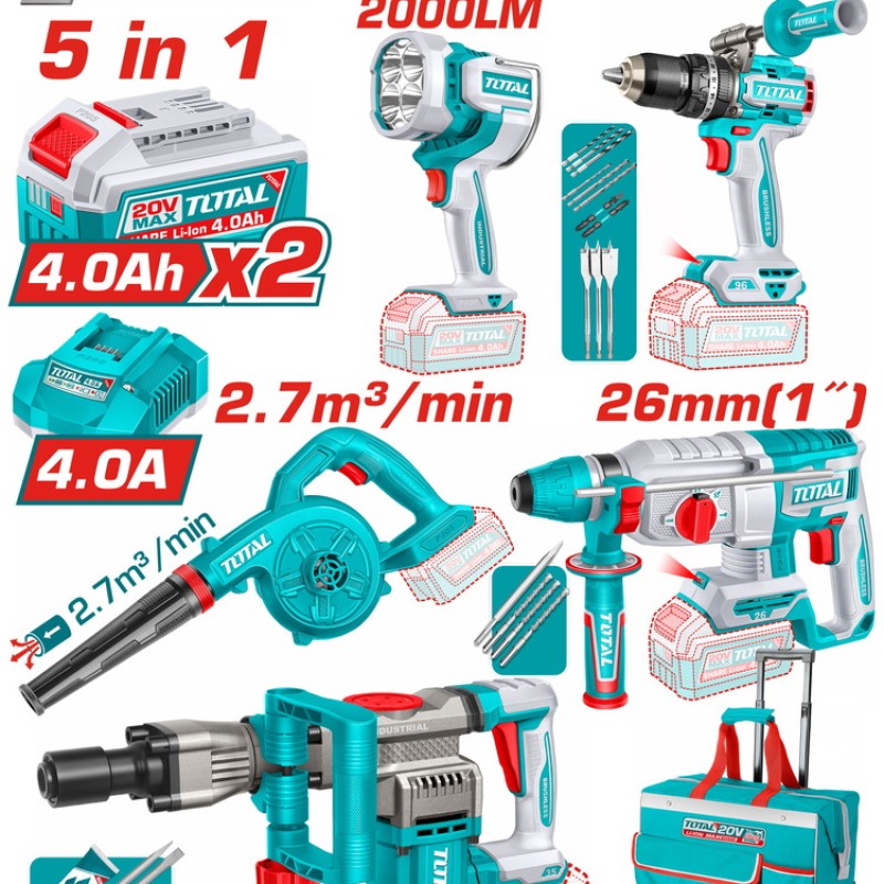 TOTAL ΕΠΑΓΓ. ΣΕΤ 5τεμ ΕΡΓΑΛΕΙΩΝ ΜΠΑΤ. Li-ion 20V / 4Ah / 2 ΜΠΑΤΑΡΙΕΣ BL Motor (TOSLI251083E)