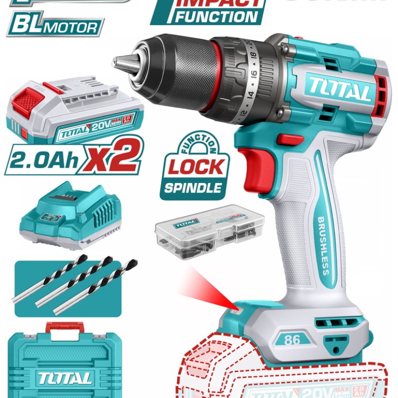 TOTAL ΕΠΑΓΓ. ΔΡΑΠ/ΒΙΔΟ ΚΡΟΥΣΤΙΚΟ ΜΠΑΤ. Li-ion 20V / 2Ah / 86Nm / 2 ΜΠΑΤ BL Motor (TIDLI208687E)